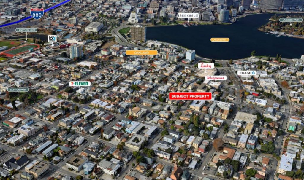 birds eye view of oakland including subject property and nearby stores